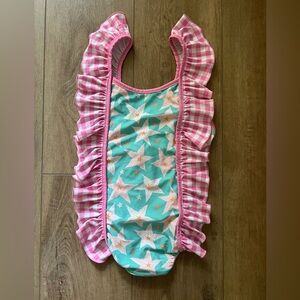 SweetHoney Pink and Aqua Starfish Gingham Ruffled Girls Swimsuit size 8
